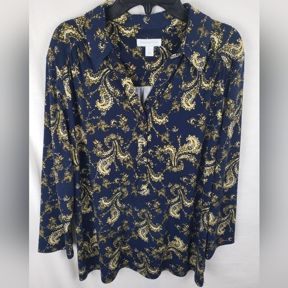 Charter Club Navy and Yellow Paisley Print Button Down Shirt Sz L - Picture 3 of 10